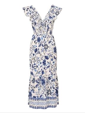 Adrianna Papell Printed Ruffle Midi Dress Blue White Garden Party Wedding Birthd